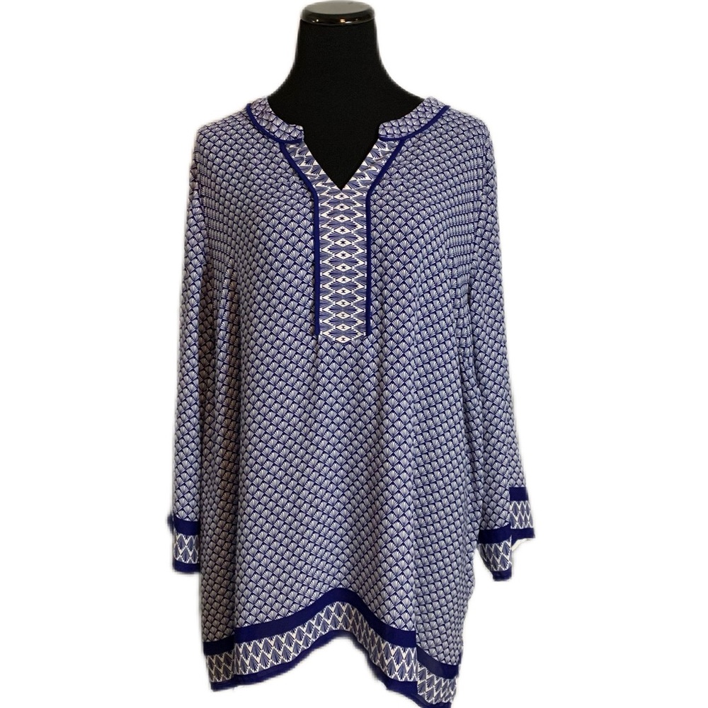 Violet + Claire SZ 3X Blue/White V-Neck 3/4 Sleeve Blouse